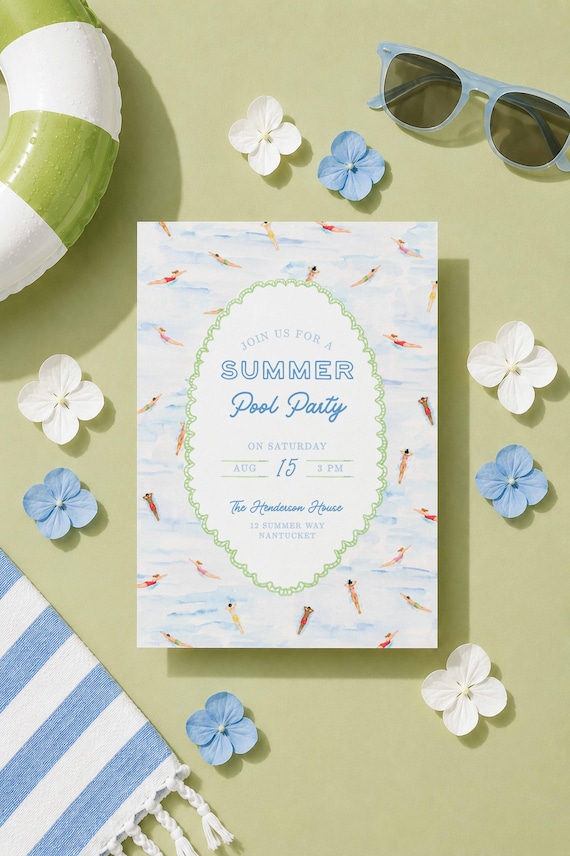 Summer Pool Party Invitation Template, Fun Hand Painted Watercolor Swim Party Invite, Summer Celebration, Poolside Event