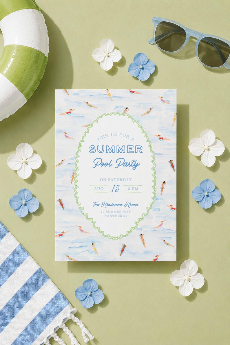 Summer Pool Party Invitation Template, Fun Hand Painted Watercolor Swim Party Invite, Summer Celebration, Poolside Event image 1