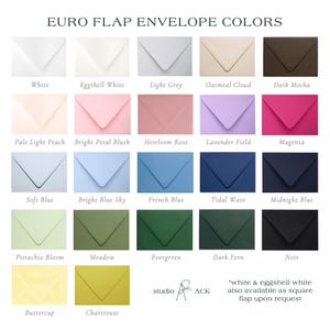 May include: A grid of twenty-two Euro flap envelopes in various colors labeled with names like White, Dark Mocha, Magenta, and Chartreuse. The text reads EURO FLAP ENVELOPE COLORS, studio ACK, and a note about square flap availability.