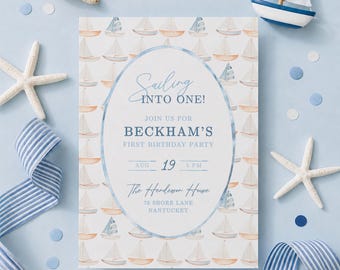 First Birthday Invite Template, Nautical Sailing Into One Boy 1st Birthday Party, Baby Boy Nautical Theme, Hand Painted Watercolor Sailboat