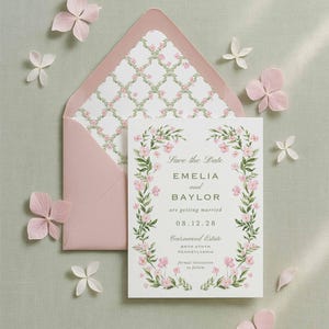 Watercolor Trellis Save the Date Template, Hand Painted Pink Wedding Florals, Whimsical Garden Wedding, Wavy Scalloped Border, Treillage