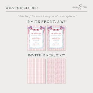 May include: Two invitation designs, each 5x7 inches, with a patriotic theme. The front design features text that reads "Our All American Girl is Turning Three" and "Taylor's". The back design has a striped pattern. The text "What's Included" is at the top.