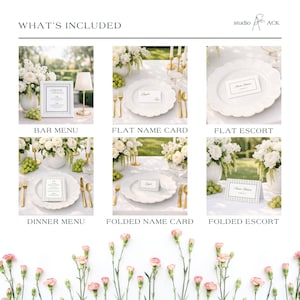 The image is a collage of six photos depicting various elements of a wedding reception, including table settings, floral arrangements, and name cards.