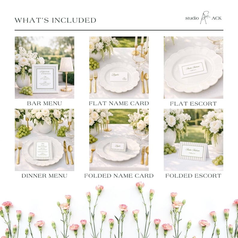 The image is a collage of six photos depicting various elements of a wedding reception, including table settings, floral arrangements, and name cards.