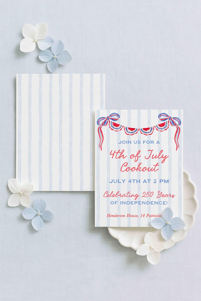 May include: A 4th of July cookout invitation with a patriotic theme. The card has red and blue details, with the text "4th of July Cookout" and "Celebrating 250 Years of Independence!" The design includes stripes and floral decorations.