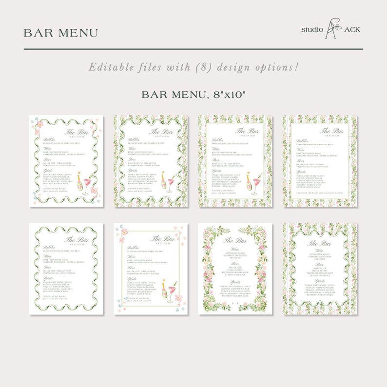 Hand-Painted Wedding Bar Menu Template, Watercolor Signature Drinks Sign, Editable Canva Bar Sign, Cocktail Menu Printable, Bloomfield afbeelding 5