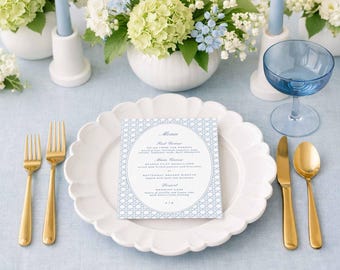 Watercolor Wedding Menu Template, Blue Rattan, Striped and Floral Design, Editable 5x7 Reception Dinner Menu Card, Instant Download, Veranda