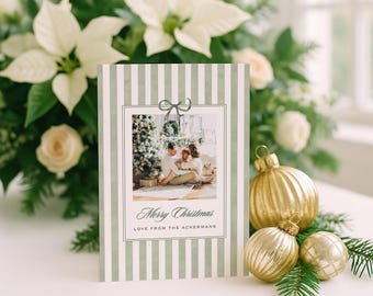 Watercolor Bow Christmas Card Template, Green Striped Polaroid Holiday Photo Card, Editable Canva Template, Modern Classic Christmas Card