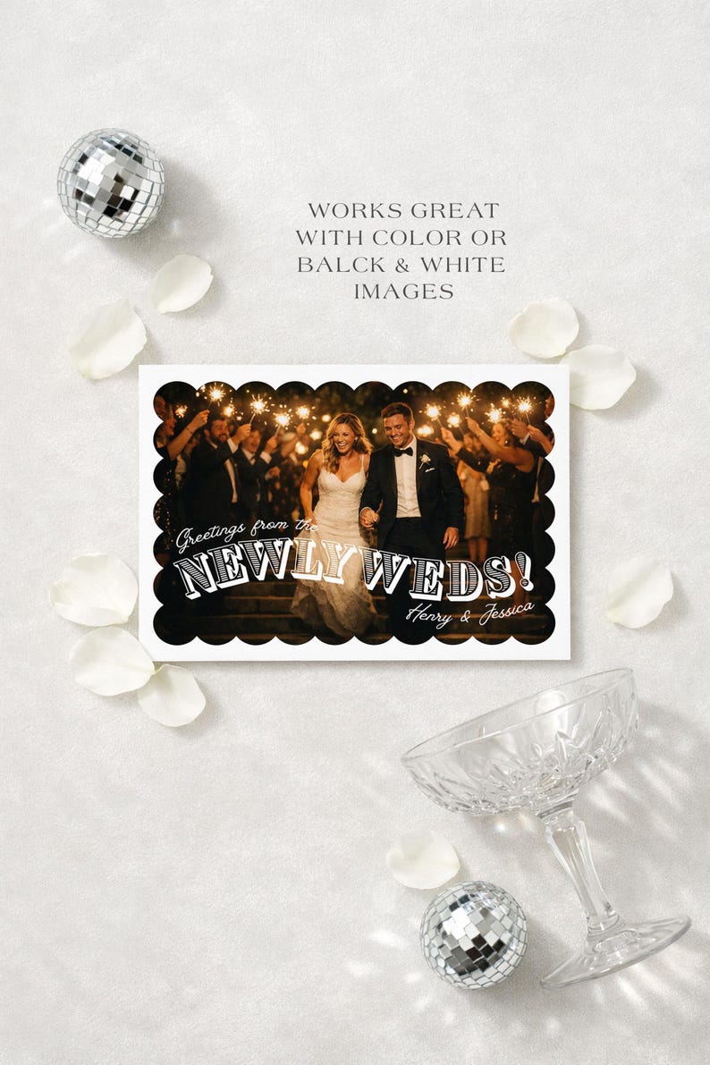 Wedding Thank You Cards, Printable Scalloped Vintage Photo Postcard, Customizable Canva Digital Files for Newlywed Thank You Notes image 3
