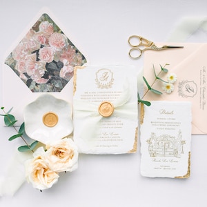 Custom Wedding Invitations | Handmade Paper | Luxury Wedding Invite | Gold Foil | Floral Crest | Neutral and Classic Wedding | Gold Flakes