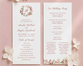 Wedding Crest Program Template, Double-Sided Ceremony Program, Dusty Pink & Maroon Watercolor Florals, Wedding Order of Events, Rosewood
