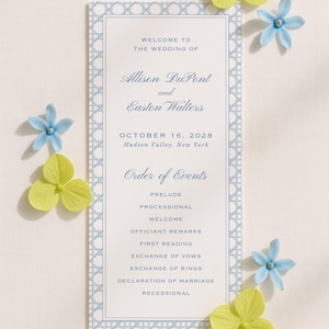 Watercolor Blue Wedding Program Template, Double-Sided Ceremony Outline, Rattan and Stripes, Order of Events, Editable in Canva, Veranda Bild 2