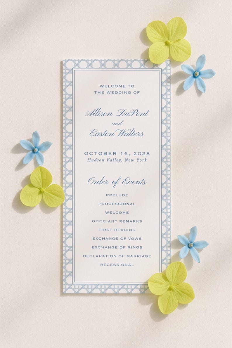 Watercolor Blue Wedding Program Template, Double-Sided Ceremony Outline, Rattan and Stripes, Order of Events, Editable in Canva, Veranda Bild 2