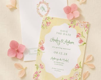 Whimsical Garden Save the Date Template, Watercolor Yellow, Peach, Pink and White Accents with Hand Painted Floral Wedding Monogram, Sunset3