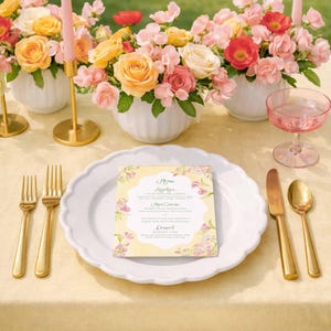 Whimsical Garden Menu Template, Watercolor Yellow, Peach, Pink & White Florals with Hand Painted Wavy Border, Sunset Wedding Colors, Soleil