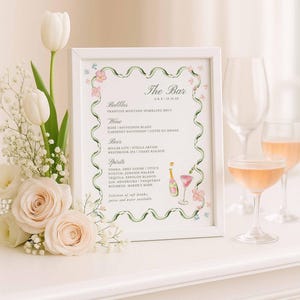 Hand-Painted Wedding Bar Menu Template, Watercolor Signature Drinks Sign, Editable Canva Bar Sign, Cocktail Menu Printable, Bloomfield afbeelding 2