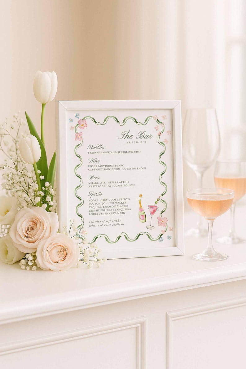 Hand-Painted Wedding Bar Menu Template, Watercolor Signature Drinks Sign, Editable Canva Bar Sign, Cocktail Menu Printable, Bloomfield afbeelding 2