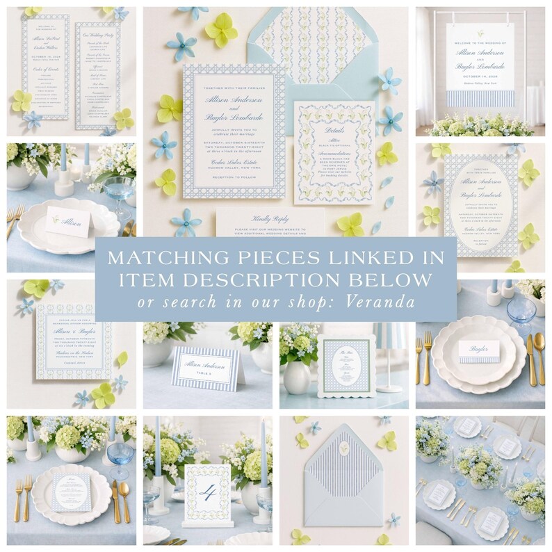 The image is a collage of various wedding-related items, including invitations, place settings, floral arrangements, and other decorative elements, all set against a light blue background.