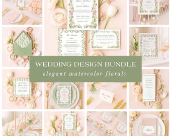 Hand Painted Floral Wedding Template Bundle, Watercolor Canva Invitation Suite, Editable Wedding Signs, Menus, Place Cards, Floral2