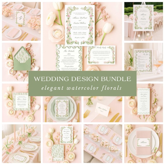 Hand Painted Floral Wedding Template Bundle, Watercolor Canva Invitation Suite, Editable Wedding Signs, Menus, Place Cards, Floral2