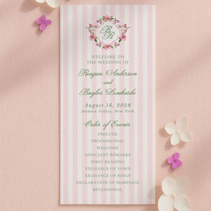 Watercolor Wedding Program Template, Pink Purple & White Florals, Hand Painted Crest and Striped Pattern, Ceremony Outline in Canva, Floral5