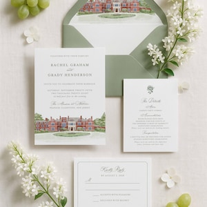 The Mansion at Natirar Wedding Invitation Suite, Hand Painted Pendry Natirar Venue Illustration, Watercolor, New Jersey Wedding