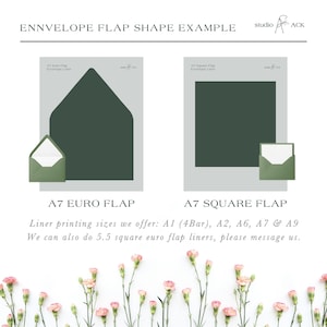 May include: A graphic display titled ENNVELOPE FLAP SHAPE EXAMPLE by studio ACK showing two dark green envelope liner shapes: an A7 Euro flap and an A7 square flap. Below, text lists available liner sizes including A1, A2, A6, A7, and A9.