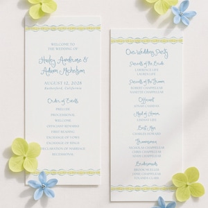 Creative Wavy Wedding Program Template, Hand Painted Modern Wedding, Fun Chartreuse, Green and Blue Watercolor Art, Unique Pattern, Wavy2