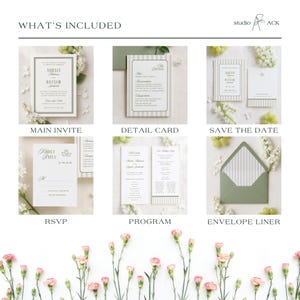 The image is a collage of six wedding invitation designs, each with different details and features, including the main invite, detail card, save the date, RSVP, program, and envelope liner.