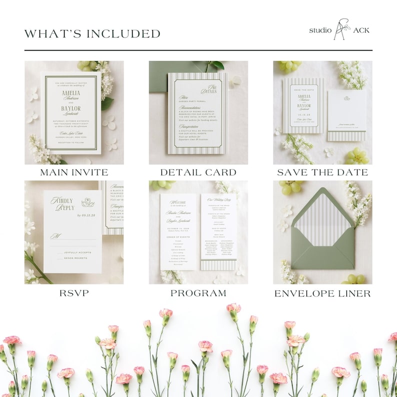 The image is a collage of six wedding invitation designs, each with different details and features, including the main invite, detail card, save the date, RSVP, program, and envelope liner.