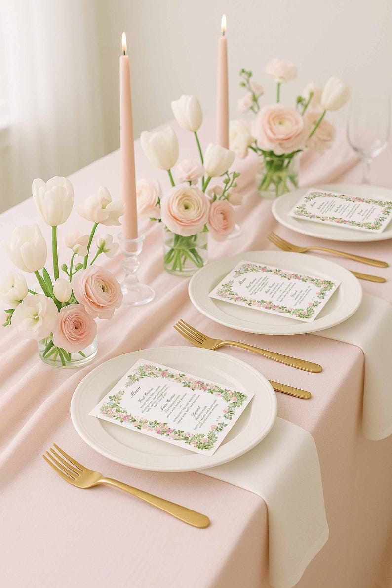Floral wedding menu card styled on pastel plates with blush flowers and gold flatware for a romantic tablescape.