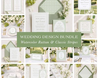 Green Rattan Wedding Bundle Template, Editable Watercolor Rattan & Stripes Wedding Stationery Kit for Invitations, Menus, Signage, Pinehurst