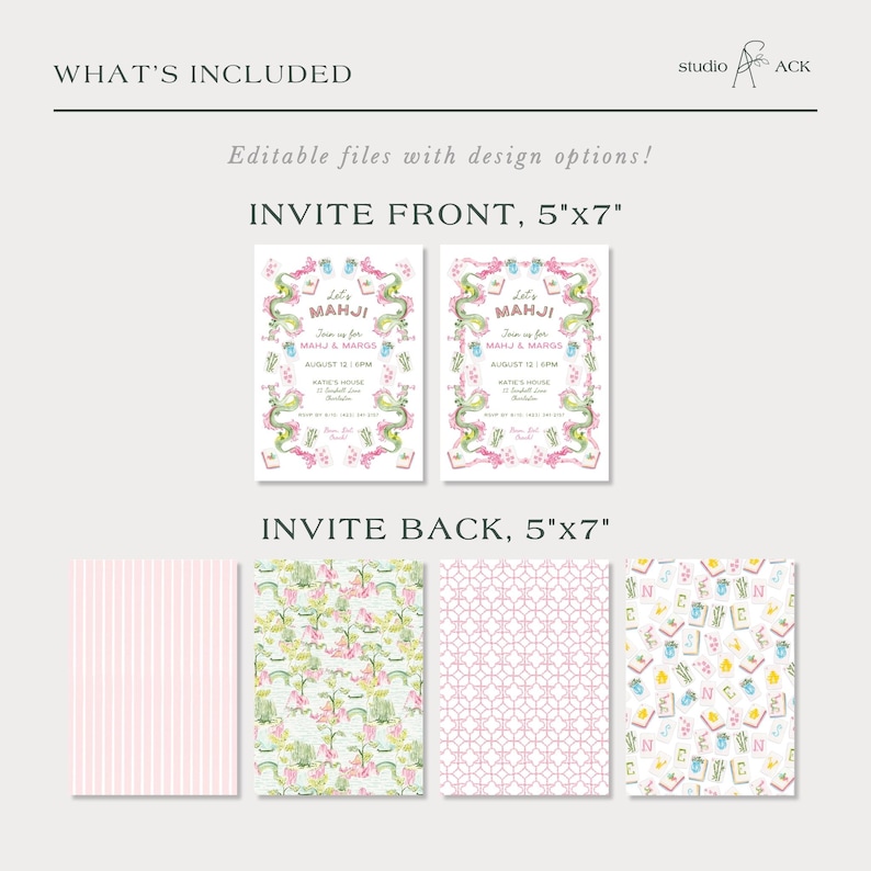 May include: Invitation designs with the text "Let's Mahji" in pink and green. The front design is 12.7cm x 17.8cm and features floral and dragon illustrations. The back designs include striped, floral, and geometric patterns. The text "What's Included" is at the top.