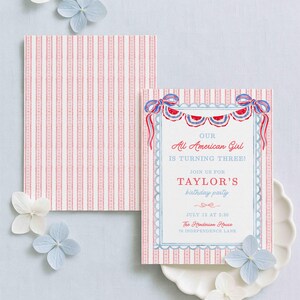 May include: A birthday party invitation with a pink and white striped background. The invitation features text that reads "Our All American Girl is Turning Three!" and "Taylor's birthday party." Decorative blue and red bunting and bows frame the text. White and blue flowers are scattered around the invitation.