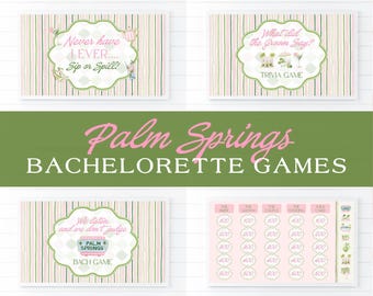Palm Springs Bachelorette Game Bundle, Interactive Canva TV Activities and 5 Printable 5×7 Bonuses, Pink & Green California Bach Trip