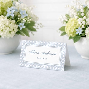 Watercolor Escort Card Template, Blue Wedding Theme, Rattan Design, Folded and Flat Templates, Watercolor Cane Pattern, Veranda