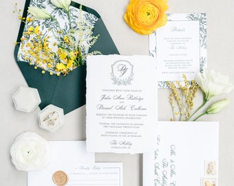 Custom Wedding Invitations | Handmade Paper | Luxury Wedding Invite | Floral Wedding Crest | Classic and Timeless invites | Line Drawn Crest