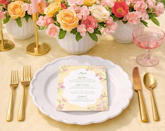 Whimsical Garden Menu Template, Watercolor Yellow, Peach, Pink & White Florals with Hand Painted Wavy Border, Sunset Wedding Colors, Sunset3
