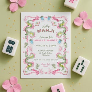 Mahj & Margs Invite Template, Mahjong Party Invitation, Hand Painted Watercolor, Game Night, Mahjong Tiles and Cane Frame image 2