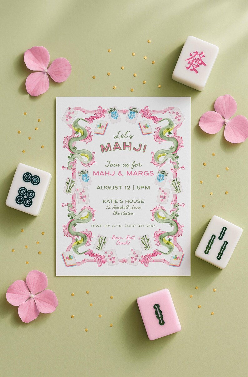 Mahj & Margs Invite Template, Mahjong Party Invitation, Hand Painted Watercolor, Game Night, Mahjong Tiles and Cane Frame image 2