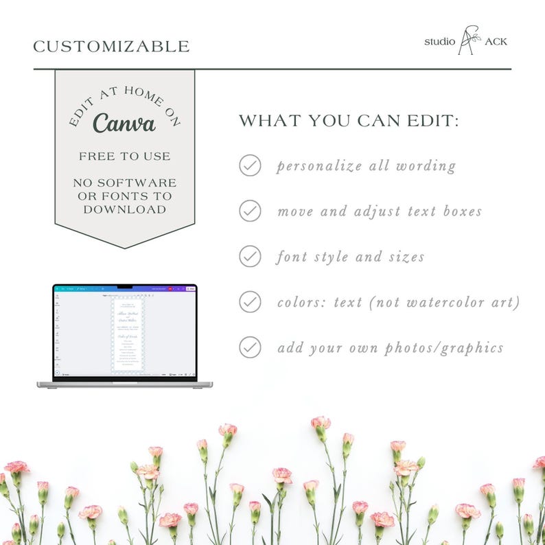 Watercolor Blue Wedding Program Template, Double-Sided Ceremony Outline, Rattan and Stripes, Order of Events, Editable in Canva, Veranda Bild 9