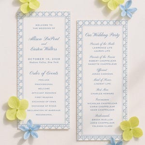 Watercolor Blue Wedding Program Template, Double-Sided Ceremony Outline, Rattan and Stripes, Order of Events, Editable in Canva, Veranda Bild 5