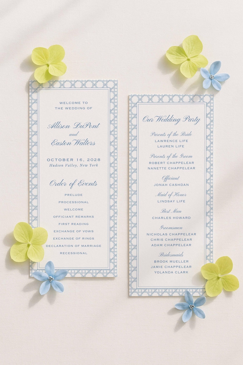 Watercolor Blue Wedding Program Template, Double-Sided Ceremony Outline, Rattan and Stripes, Order of Events, Editable in Canva, Veranda Bild 5