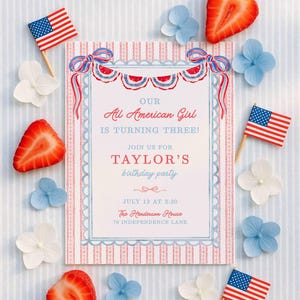 May include: A patriotic birthday party invitation with the text "OUR All American Girl IS TURNING THREE!" surrounded by American flags, strawberries, and blue and white flowers. The invitation is for Taylor's birthday party.