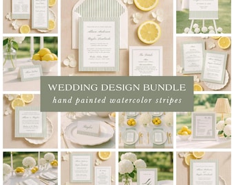 Watercolor Stripe Wedding Template Bundle, Editable Canva Invitation Suite, Green Wedding Invitations, Day-of Signage & Stationery, Grove
