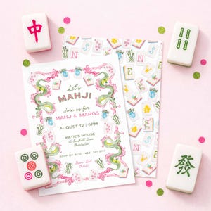 May include: A pink invitation with the text "Let's MAHJI!" and a watercolour dragon design, surrounded by Mahjong tiles and confetti. The invitation includes event details and RSVP information.