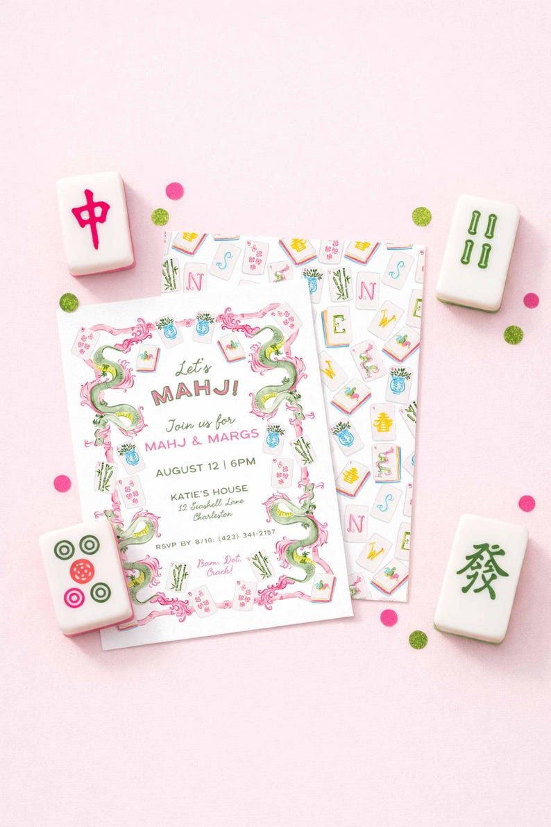 May include: A pink invitation with the text "Let's MAHJI!" and a watercolour dragon design, surrounded by Mahjong tiles and confetti. The invitation includes event details and RSVP information.