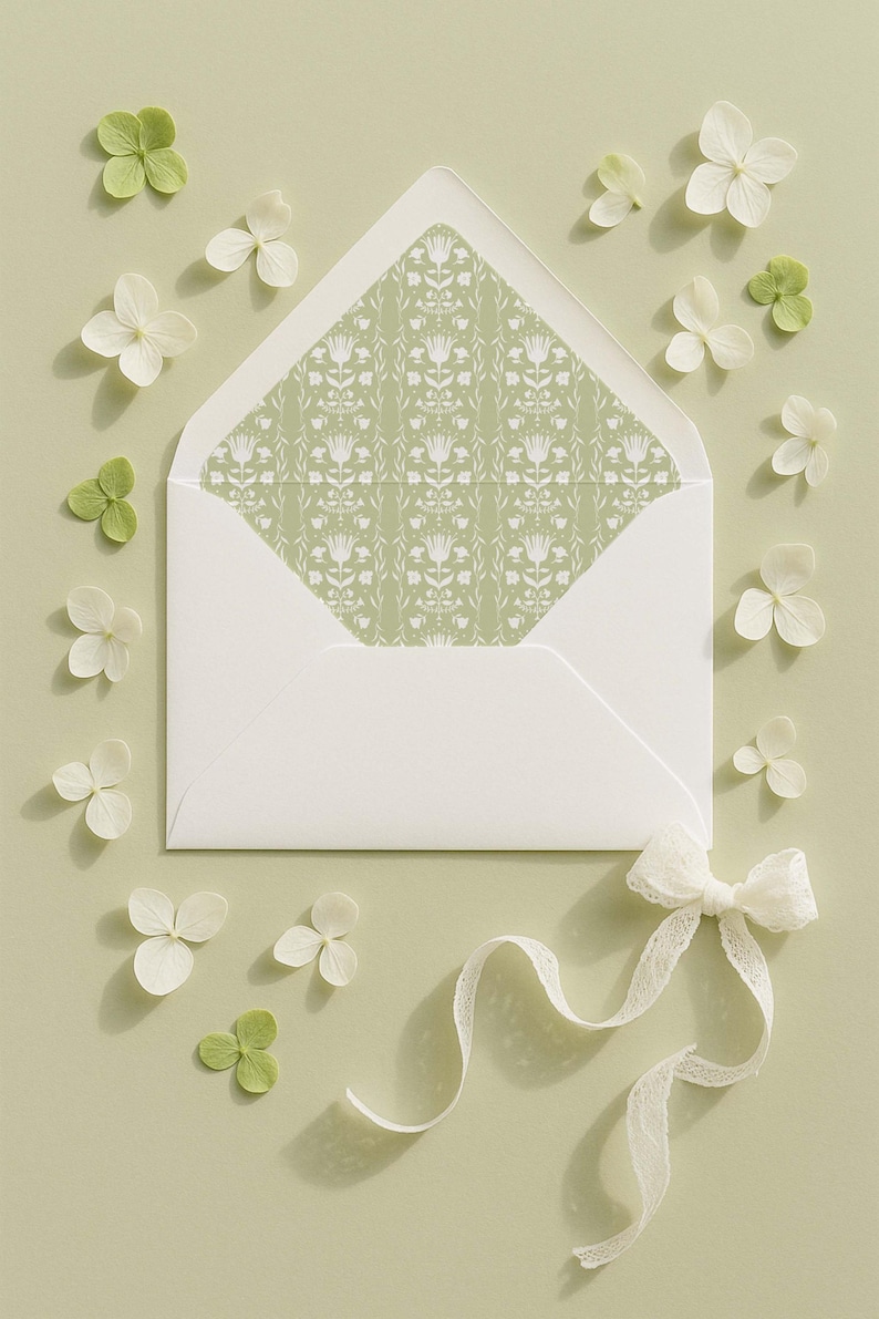 a white envelope with a green floral pattern, surrounded by white flowers and a white ribbon.
