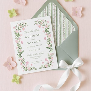 Hand Painted Watercolor Floral Save the Date Template, Pink and Green Grandmillennial Style, Cottagecore Wedding Save the Date, Bellafleur