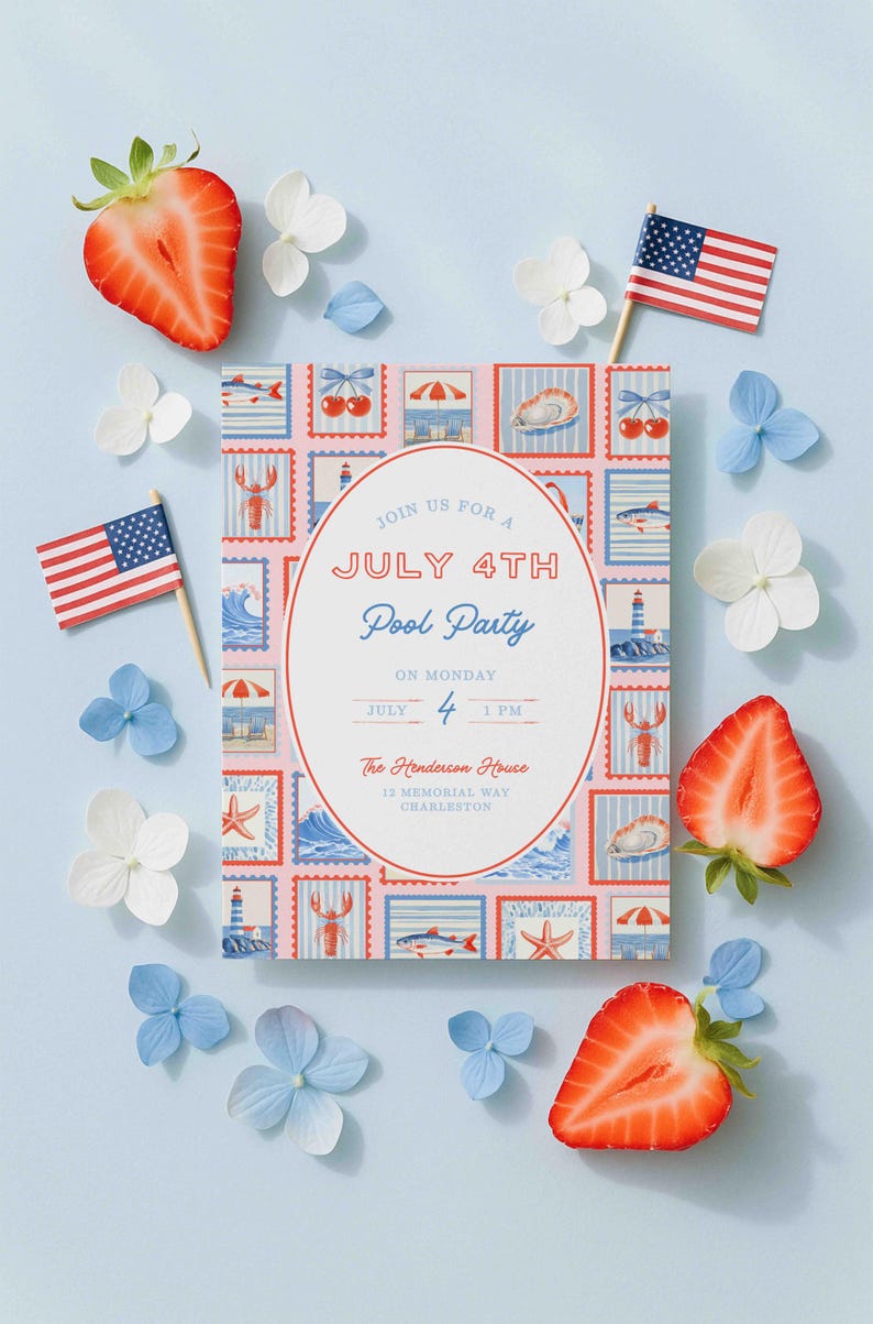 July 4th Pool Party Invitation Template | Red, White & Blue ...